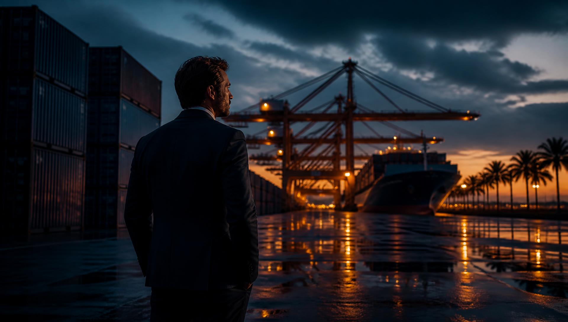 Container terminal at dusk representing international trade and export logistics